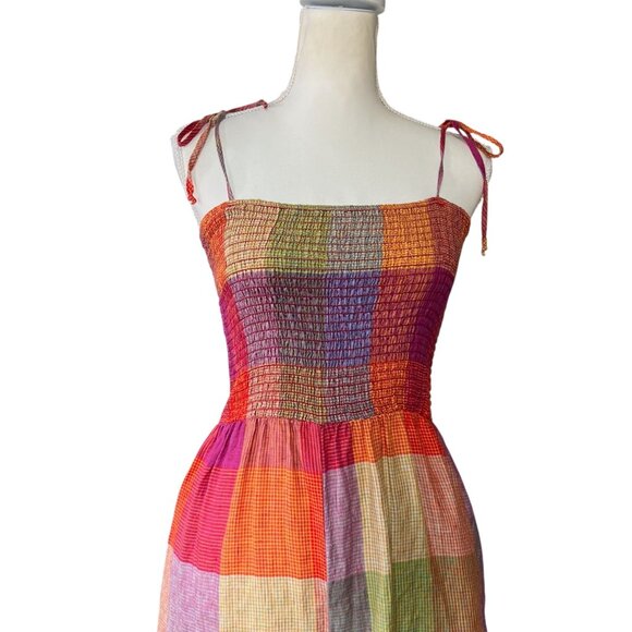 Anthropologie dRA Los Angeles Smocked Madras Plaid 100% Linen Jumpsuit Size Med - Picture 5 of 9